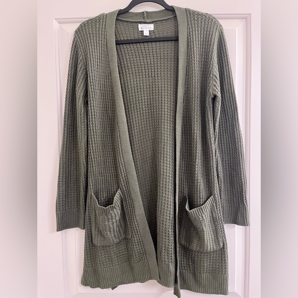 Olive Green Open-Front Knit Cardigan
